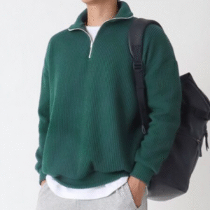 Ribbed half Zip Pullover – Green