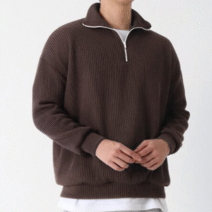 Ribbed half Zip Pullover – Brown