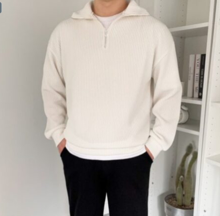 Ribbed half Zip Pullover – White